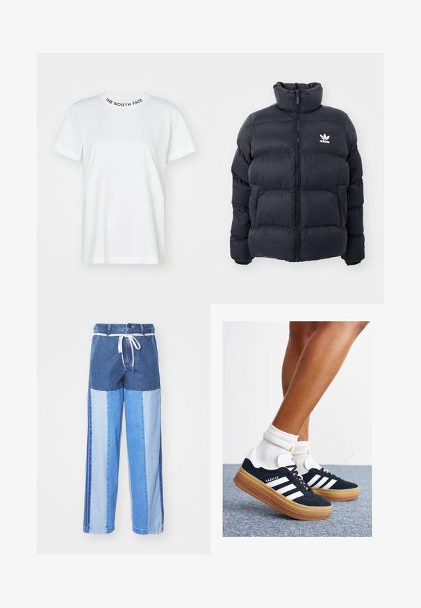 Mornarska puhovka z visokim ovratnikom, zadrgo in belim logotipom Adidas na prsih. Ima šivane panele in gladko, sijočo teksturo.; Bela bomba iz bombaža, ki ima okroglo izreznico s črnim napisem "THE NORTH FACE". Kratke rokave in sproščen kroj.; Modre jeans hlače s patchwork dizajnom v različnih odtenkih modre, vrvico za prilagajanje na pasu in ohlapnimi, ravnimi nogavicami.; Črni antilop superge z belimi črtami in poudarki, okrogel prst, gumijasti podplat, kombinirane z belimi rebrastimi nogavicami.