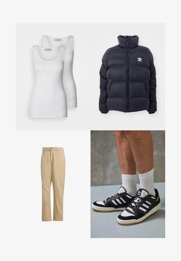 Tummansininen puffer-takki, jossa on korkea kaulus, vetoketjusuljenta ja valkoinen Adidas-logo rinnassa. Takissa on ommeltuja paneeleja ja sileä, kiiltävä pinta.; Kaksi valkoista toppeja, joissa on pyöreät kaula-aukot ja jotka on valmistettu sileästä kankaasta. Ominaisuuksiin kuuluvat kapeat hihnat ja myötäilevä muotoilu.; Khaaki puuvilla housut suoran leikkauksen omaavina, joissa on edessä nappisuljenta, kaksi sivutaskua ja minimaalinen brändäys edessä.; Valkoiset ja mustat tennarit, joissa on mokkanahka- ja nahkapäällinen, kolme valkoista raitaa, rei'itetty kärki ja kumipohja.
