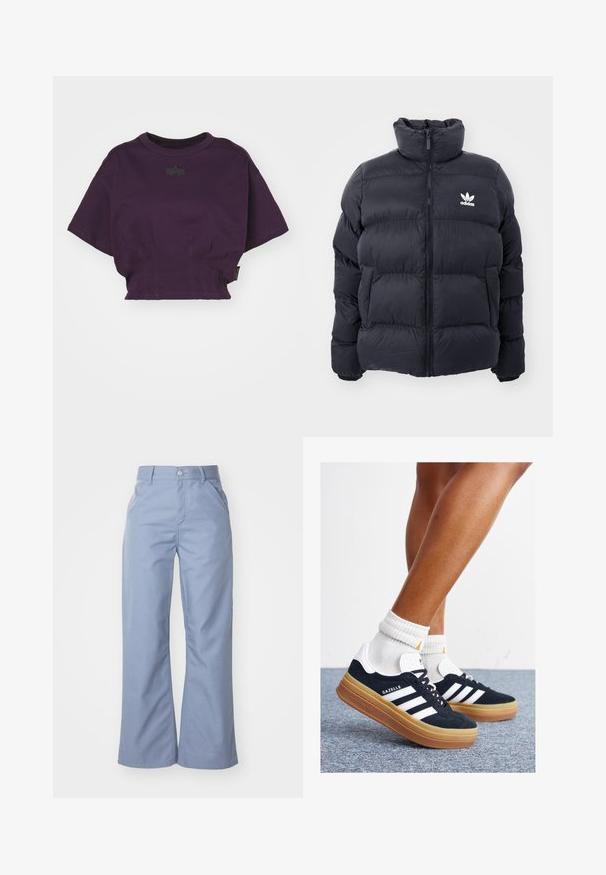 Navy puffer jacket with high collar, zip closure, and white Adidas logo on the chest. Features stitched panels and a smooth, shiny texture.; Alpha Industries Print T-shirt - plum; Light blue wide-leg trousers with a smooth cotton blend fabric, featuring front pockets and a button closure at the waist.; Black suede sneakers with white stripes and accents, rounded toe, gum rubber outsole, paired with white ribbed crew socks.