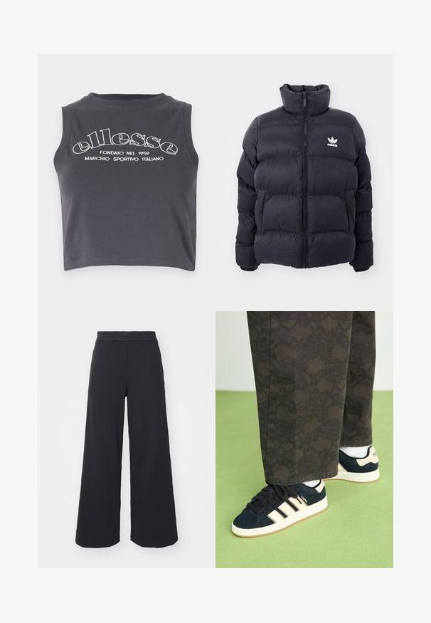 Granatowa kurtka puchowa z wysokim kołnierzem, z zamkiem błyskawicznym i białym logo Adidas na piersi. Posiada przeszywane panele oraz gładką, błyszczącą teksturę.; Czarny, szary top typu crop, wykonany z miękkiej bawełny, z białym nadrukiem brandingowym oraz okrągłym dekoltem bez rękawów.; Czarne szerokie spodnie dresowe wykonane z miękkiego materiału, z elastycznym paskiem w talii oraz małym logo po lewej stronie.; Czarne i wzorzyste spodnie w połączeniu z granatowymi zamszowymi trampkami z kremowymi paskami i białymi podeszwami. Powierzchnie są teksturowane i płaskie.