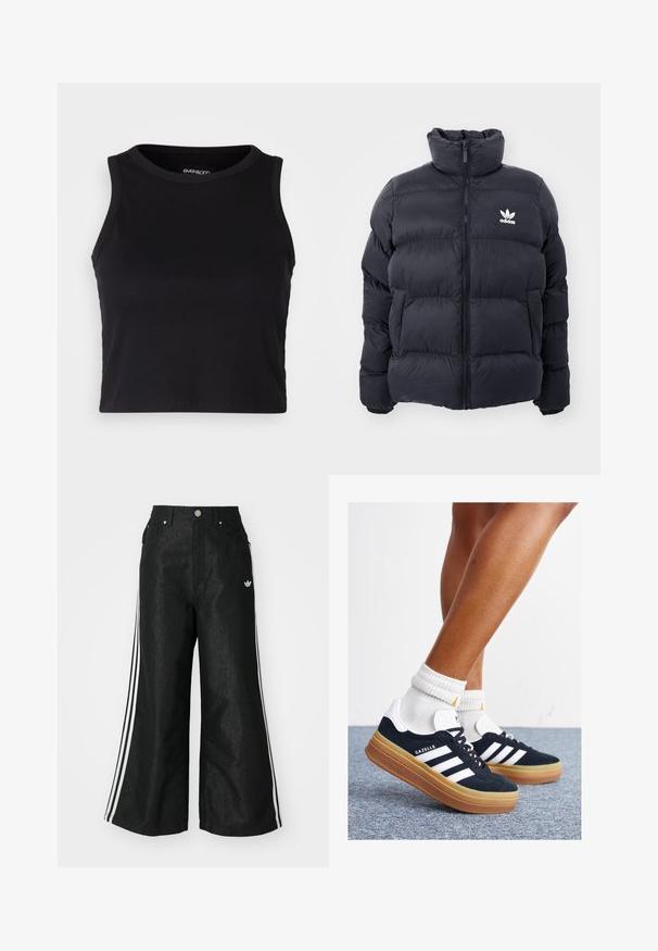 Navy puffer jacket with high collar, zip closure, and white Adidas logo on the chest. Features stitched panels and a smooth, shiny texture.; Black ribbed crop tank top with a round neckline and sleeveless design. Made from soft, stretchy fabric, featuring clean hemmed edges.; Black wide-leg denim pants with three white stripe accents on each side and a small white logo. Features front pockets and a button closure.; Black suede sneakers with white stripes and accents, rounded toe, gum rubber outsole, paired with white ribbed crew socks.