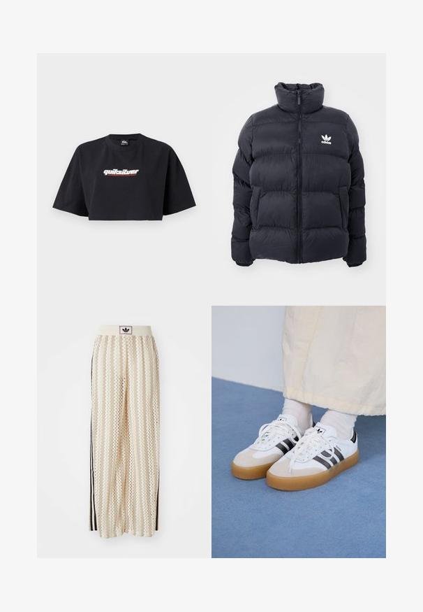 Morská prešívaná bunda s vysokým golierom, zipsom a bielym logom Adidas na hrudi. Obsahuje prešívané panely a hladkú, lesklú textúru.; Čierny crop top tričko, krátke rukávy, vyrobené z bavlny. Na prednej strane zobrazuje logo "Quiksilver Boarding Company" v bielej a červenej farbe.; Béžové nohavice s širokými nohavicami a zigzagovými vzormi, s čiernym logom na páse a bočnými čiernymi pruhmi. Ľahká, textúrovaná látka.; Biele tenisky s čiernymi pruhmi a béžovými semišovými detailmi. Majú textúrovanú gumovú podrážku a ploché biele šnúrky, kombinované s svetlými ponožkami.