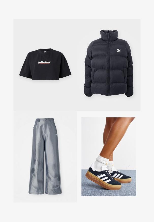 Tumesine puffer jope kõrge kraega, lukuga ja valge Adidas'i logoga rinnal. Omab õmmeldud paneele ja siledat, läikivat tekstuuri.; Mustikas lühikeste varrukatega t-särk, valmistatud puuvillast. Esiküljel on valges ja punases värvitoonis "Quiksilver Boarding Company" logo.; Laiad püksid läikivast hallist materjalist, valgete külgtriipudega ja põlevate mustritega alumistes jalgades. Nööp ja lukku kinnitamine vööl.; Mustad seemisnahast tossud valgete triipude ja detailidega, ümarate varbassosadega, kummist välistallaga, paaritatud valgete soonikuliste meessokkidega.