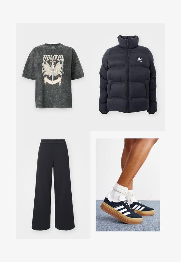 Marineblaues Puffer-Jackett mit hohem Kragen, Reißverschluss und weißem Adidas-Logo auf der Brust. Verfügt über gestickte Paneele und eine glatte, glänzende Textur.; Volcom VOLTRIP TEE - T-Shirt print - vintage black; Schwarze weite Sweatpants aus weichem Material, mit einem elastischen Taillenbund und einem kleinen Logo auf der linken Seite.; Schwarze Wildledersneaker mit weißen Streifen und Akzenten, rundlicher Zehenbereich, Sohlen aus braunem Gummi, kombiniert mit weißen, gerippten Sneakersocken.