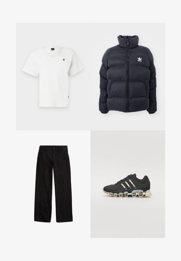 Chaqueta acolchada de color marino con cuello alto, cierre de cremallera y logo blanco de Adidas en el pecho. Presenta paneles cosidos y una textura suave y brillante.; Camiseta blanca de manga corta y cuello en V, fabricada en algodón. Presenta un pequeño logo negro en la parte superior izquierda del pecho y un dobladillo recto. Diseño sencillo.; Pantalones de mezclilla negros con corte recto, cierre delantero de botón y diseño de cinco bolsillos. Textura suave y detalles de costura mínimos.; Zapatilla deportiva negra con parte superior texturizada, tres rayas plateadas y una suela de amortiguación distintiva que presenta múltiples secciones integradas.