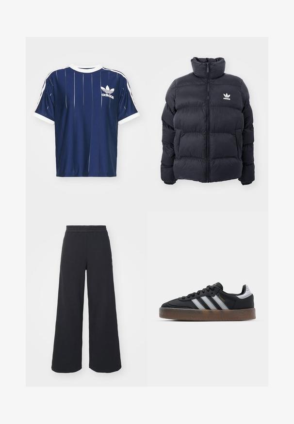 Granatowa kurtka puchowa z wysokim kołnierzem, z zamkiem błyskawicznym i białym logo Adidas na piersi. Posiada przeszywane panele oraz gładką, błyszczącą teksturę.; adidas Originals - T-shirt z nadrukiem; Czarne szerokie spodnie dresowe wykonane z miękkiego materiału, z elastycznym paskiem w talii oraz małym logo po lewej stronie.; Czarne sneakersy o eleganckim wzornictwie, z trzema białymi paskami, czarnym językiem i fakturowaną brązową gumową podeszwą. Akcenty złotego napisu.