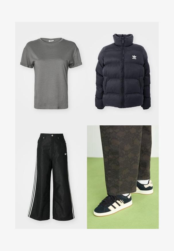 Tengerész kék puffertöltött dzseki magas gallérral, cipzáros záródással és fehér Adidas logóval a mellkasán. Jellemzője a tűzött panelek és a sima, fényes textúra.; Szürke, rövid ujjú póló, puha pamutból készült. Jellemzője a kerek nyakkivágás, feltekert ujjakkal és laza szabással, sima, egységes textúrával.; Fekete, bő szárú farmernadrág, mindkét oldalon három fehér csík díszítéssel és egy kis fehér logóval. Elölzsebekkel és gombos záródással rendelkezik.; Fekete és mintás nadrág, navy velúr sportcipővel, krémszínű csíkokkal és fehér talppal párosítva. A bemutatott felületek texturáltak és simák.