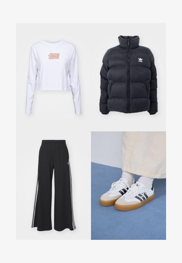 Morská prešívaná bunda s vysokým golierom, zipsom a bielym logom Adidas na hrudi. Obsahuje prešívané panely a hladkú, lesklú textúru.; Biela dlhá rukávová cropped tričko vyrobené z bavlny, s multicolorovým logom "SANTA CRUZ" potlačeným na prsiach.; Čierne široké teplákové nohavice s elastickým pásom, so bielymi bočnými prúžkami a výšivkou loga na ľavom stehne.; Biele tenisky s čiernymi pruhmi a béžovými semišovými detailmi. Majú textúrovanú gumovú podrážku a ploché biele šnúrky, kombinované s svetlými ponožkami.