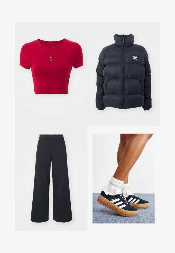 Námořnická puffer bunda s vysokým límcem, zipovým zapínáním a bílým logem Adidas na hrudi. Obsahuje prošité panely a hladký, lesklý povrch.; GAP TEE - Triko s potiskem - red; Černé široké tepláky vyrobené z měkké tkaniny, s elastickým pasem a malým logem na levé straně.; Černé semišové tenisky s bílými pruhy a detaily, zaoblenou špičkou, podrážkou z gumy barvy žvýkačky, doplněné bílými žebrovanými ponožkami ke kotníkům.