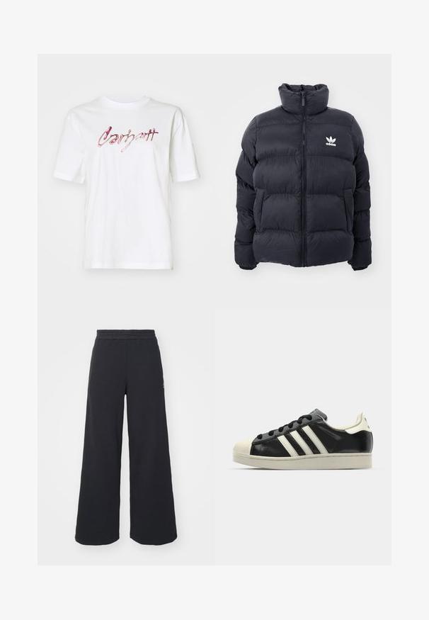 Tumesine puffer jope kõrge kraega, lukuga ja valge Adidas'i logoga rinnal. Omab õmmeldud paneele ja siledat, läikivat tekstuuri.; Valge puuvillane T-särk lühikeste varrukatega ja ümmargune kaelus. Esiküljel on roosa ja punane läikiv skripti logo.; Mustad laiad spordipüksid, mis on valmistatud pehmest kangast, elastse vöökohtaga ja väikese logoga vasakul küljel.; Must have nahkased mustad tossud valgete triipudega, kummist varbakattega, mustade paeltega ja kreemika värvusega tallaga. Sile tekstuur ja läikiv viimistlus.