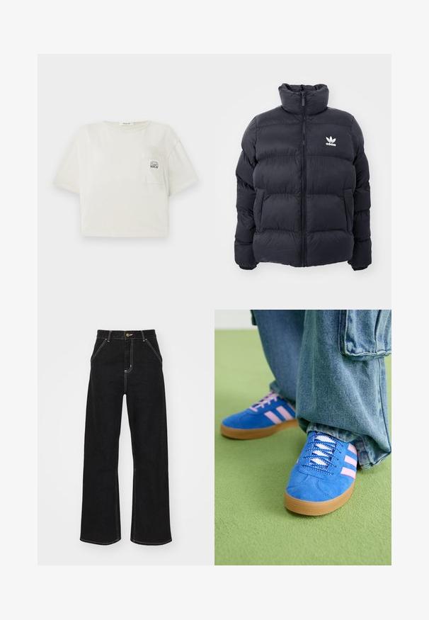 Granatowa kurtka puchowa z wysokim kołnierzem, z zamkiem błyskawicznym i białym logo Adidas na piersi. Posiada przeszywane panele oraz gładką, błyszczącą teksturę.; Przycięta, krótkorieczna koszulka z bawełny w kolorze off-white. Charakteryzuje się kieszonką z przodu z nadrukowanym logo oraz okrągłym dekoltem. Gładka faktura.; Czarne dżinsy o szerokich nogawkach, wykonane z denimu, z kontrastowym białym szwem i zapięciem na guzik z przodu, posiadające dwie ukośne kieszenie z przodu.; Niebieskie zamszowe buty z różowymi paskami i białymi sznurowadłami, z gumową podeszwą, zestawione z luźnymi dżinsami na zielonej powierzchni.