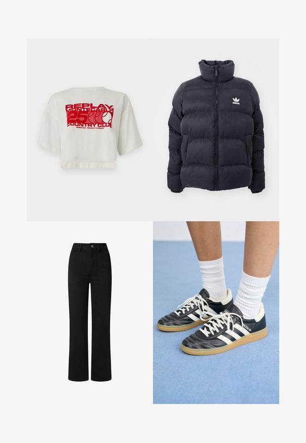 Jūrinės spalvos pūkinė striukė su aukštu apykakle, užtrauktuku ir baltu Adidas logotipu ant krūtinės. Yra siūti šoniniai panelei ir lygus, blizgus paviršius.; Balta sutrumpinta t-shirt, pagaminta iš medvilnės, su dideliu raudonu grafinu ant nugaros, kuriame yra tekstas ir teniso raketės logotipas.; Juodos, aukšto juosmens kelnės su tiesioginiu pjūviu, pagamintos iš lygaus medvilnės audinio. Yra priekinių kišenių ir paprastas metalinis mygtuko užsegimas.; Juodos odinės sportbačiai su baltais dryžiais, apvalia nosimi, baltais raišteliais ir guminiu padu. Pabrėžti paminkštinta apykakle ir prekių ženklų detalėmis.