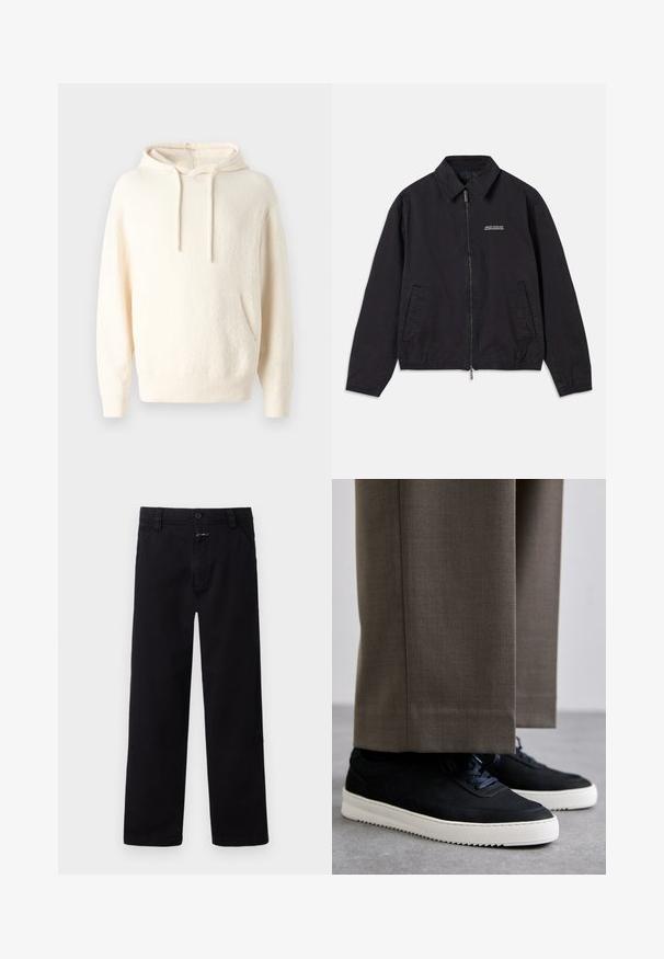 Čierna bunda vyrobená z jemnej tkaniny, so zapínaním na zips vpredu, golierom, bočnými vreckami a elastickými manžetami s minimalistickým logom na hrudi.; Krémová mikina s kapucňou vyrobená z mäkkej tkaniny, ktorá má klokanie vrecko, rebrované manžety a textúrovaný povrch.; Čierne bavlnené nohavice s rovnými nohavicami, ktoré majú predné zapínanie na gombík a zips a bočné vrecká. Jednoduchý a univerzálny štýl.; Čierne semišové tenisky s bielymi gumovými podrážkami, s okrúhlym prstom a šnúrkami, nosené s šedými vypracovanými nohavicami.