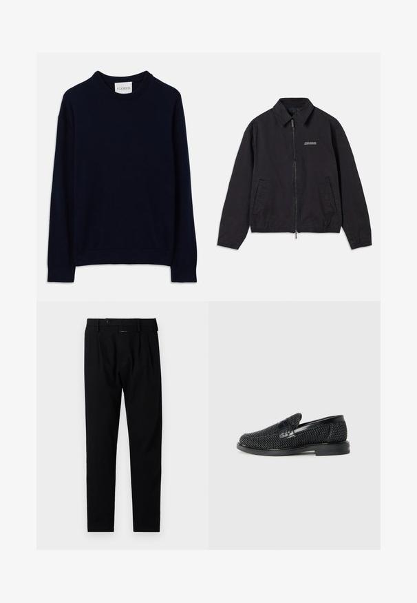 Must must siled, pehmest kangast, millel on lukuga eesmine sulgemine, krae, küljetaskud ja elastsed mansetid, millel on minimaalne logo rinnal.; Tumesinine pika varrukaga kreeknecki kampsun ribadega mansettide ja äärega, millel on väike valge silt "CLOSED" kaelaosa juures.; Mustad püksid, millel on kohandatud lõige, lamedad esiosad, ühe plekiga ja nööbiga kinni. Valmistatud siledast kangast, sobivad ametlikuks kandmiseks.; Must musta kootud slip-on king, millel on pehme nahast accent ülaserval, ümmargune varvas ja madal profiiliga kummitald.