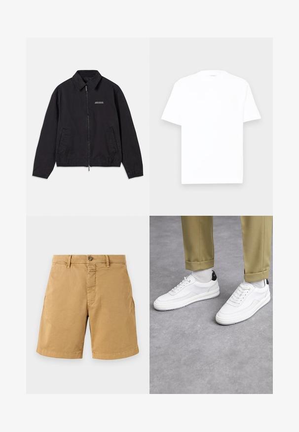 Black jacket made of soft fabric, featuring a zip front closure, collar, side pockets, and elastic cuffs with a minimal logo on the chest.; White cotton t-shirt with a round neck, short sleeves, and a relaxed fit. Smooth texture, minimal detailing, and no patterns or graphics.; Beige cotton shorts with a button closure, belt loops, and stitched hems. Features two front pockets and a classic, straight leg design.; White sneakers with a textured leather finish, rounded toe, and black heel accent. Rubber sole with small tread pattern and stitched detail.