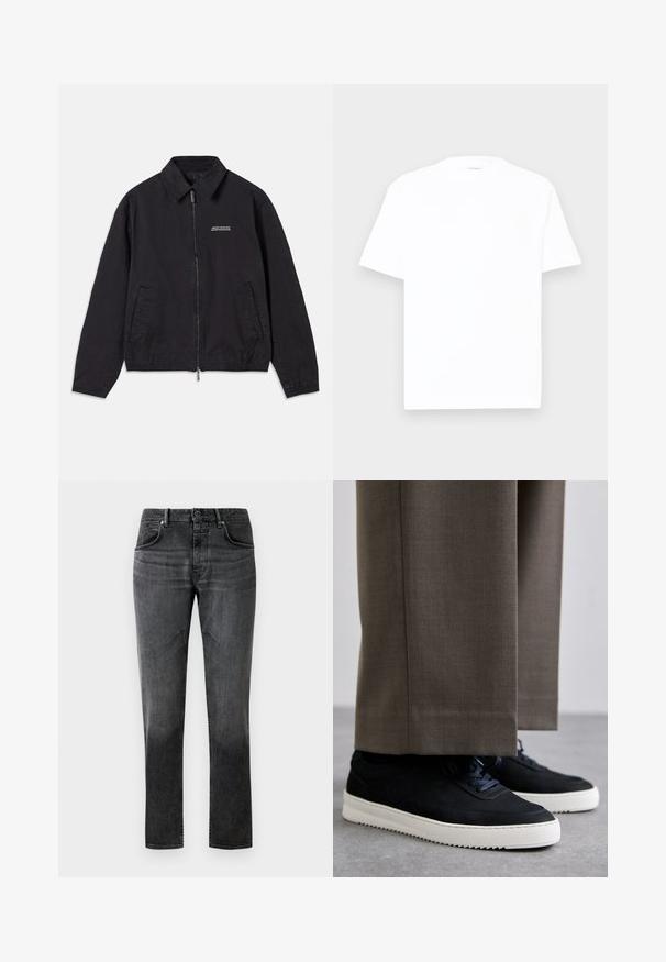 Crna jakna od mekog materijala, s prednjim zatvaračem na munje, ovratnikom, bočnim džepovima i elastičnim manžetama, te minimalističkim logotipom na prsima.; Bijela pamučna majica s okruglim izrezom, kratkim rukavima i opuštenim krojem. Glatka tekstura, minimalni detalji i bez uzoraka ili grafike.; Crne traperice s ravnim krojem, dizajnom s pet džepova i suptilnim izblijedjenjem. Imaju zatvaranje na gumb i petlje za remen. Glatka tekstura.; Crne nubuk tenisice s bijelim gumenim potplatima, s zaobljenim vrhom i vezicama, uparene s sivim krojenim hlačama.