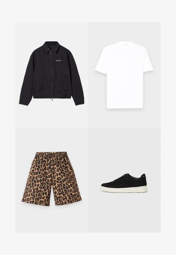 Veste noire en tissu doux, dotée d'une fermeture éclair à l'avant, d'un col, de poches latérales et de poignets élastiques, avec un logo minimaliste sur la poitrine.; T-shirt en coton blanc avec un col rond, des manches courtes et une coupe décontractée. Texture lisse, détails minimaux, sans motifs ni graphiques.; Shorts marron avec un imprimé léopard noir, dotés d'une ceinture élastique. Le tissu semble lisse, avec un design à jambe large et décontractée.; Baskets en daim noir avec un design à lacets et une semelle en caoutchouc blanc contrastant. Comprend des panneaux latéraux texturés et un logo subtil sur le talon.