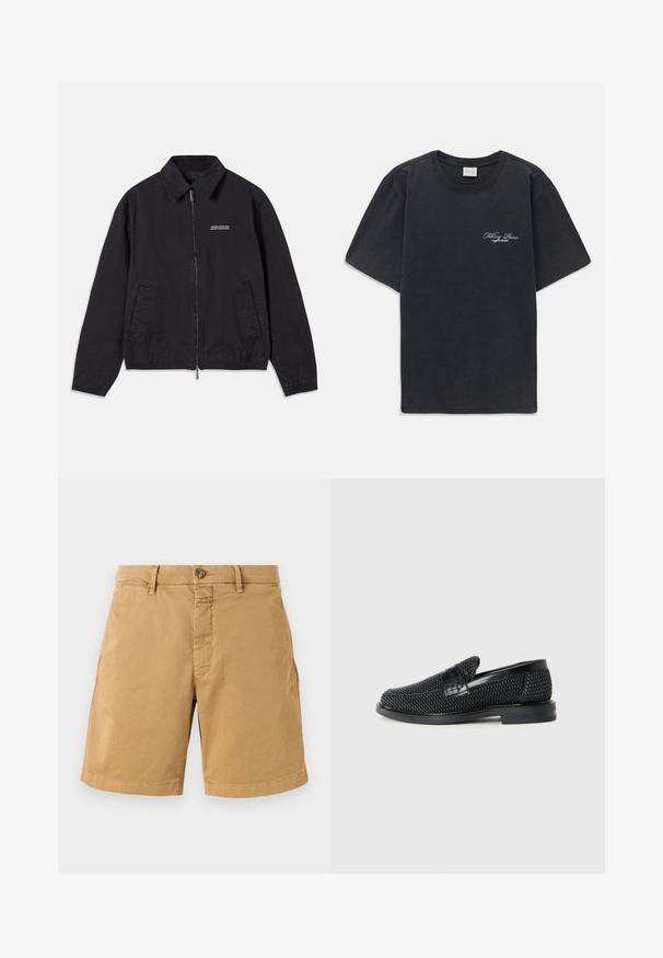 Sorte jakke laget av mykt stoff, med glidelås foran, krage, sidelommer og elastiske mansjetter, samt en minimal logo på brystet.; Svart kortermet t-skjorte med rund hals og liten hvit "Filling Pieces" tekstlogo på venstre bryst.; Beige bomullsshorts med knappeåpning, beltehemper og innsydd søm. Har to forkantlommer og en klassisk, rett ben-design.; Sorte vevde slip-on sko med en glatt lærdetalj på overdelen, design med rund tå og en lavprofil gummisåle.