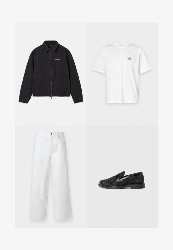 Schwarze Jacke aus weichem Stoff, mit einem Reißverschluss vorne, Kragen, Seitentaschen und elastischen Bündchen, mit einem minimalistischen Logo auf der Brust.; Weißes T-Shirt aus Baumwolle mit kurzen Ärmeln, Rundhalsausschnitt und kleinem grauen Logo auf der linken Brustseite. Glatte Textur.; rag & bone BAGGY - Baggy Jeans - white; Schwarzer geflochtener Slipper mit einem glatten Lederakzent im Obermaterial, einem runden Zehendesign und einer flachen Gummisohle.