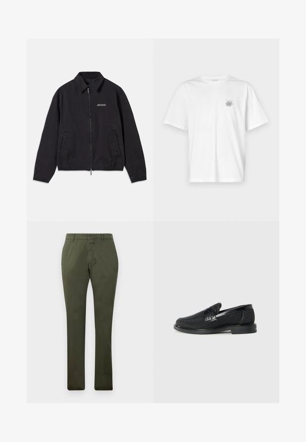 Černá bunda vyrobená z měkké tkaniny, s předním zipem, límcem, bočními kapsami a elastickými manžetami, s minimalistickým logem na hrudi.; Bílá bavlněná trička s krátkým rukávem, kulatým výstřihem a malým šedým logem na levé části hrudi. Hladká textura.; Olivově zelené kalhoty rovného střihu s poutky na pásek, předním zipem a knoflíkovým zapínáním, vystavené na bílém pozadí.; Černé pletené nazouvací boty s hladkým koženým akcentem na svršku, kulatou špičkou a nízkoprofilovou gumovou podrážkou.