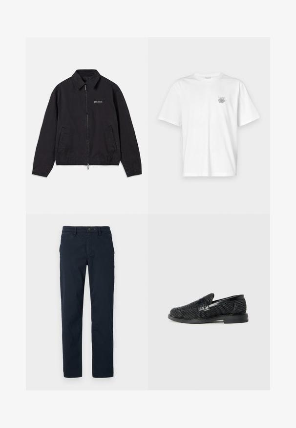 Veste noire en tissu doux, dotée d'une fermeture éclair à l'avant, d'un col, de poches latérales et de poignets élastiques, avec un logo minimaliste sur la poitrine.; T-shirt blanc en coton avec des manches courtes, un col ras du cou et un petit logo gris sur la partie gauche de la poitrine. Texture lisse.; Chinos en coton bleu marine avec une coupe droite, dotés d'une fermeture à bouton, de passants de ceinture et de poches latérales. Texture minimale, sans motifs.; Chaussure slip-on tissée noire avec un accent en cuir lisse sur le dessus, un design à bout rond et une semelle en caoutchouc à profil bas.