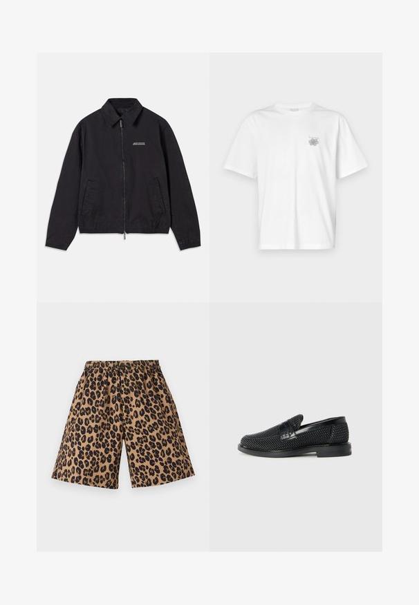 Chaqueta negra de tejido suave, con cierre frontal de cremallera, cuello, bolsillos laterales y puños elásticos, con un logotipo minimalista en el pecho.; Camiseta blanca de algodón con mangas cortas, cuello redondo y un pequeño logo gris en el lado izquierdo del pecho. Textura suave.; Pantalones cortos marrones con un estampado de leopardo negro, que cuentan con una cinturilla elástica. La tela parece suave, con un diseño relajado y de pierna ancha.; Zapato negro de tejido con un acento de cuero suave en la parte superior, diseño de punta redonda y suela de goma de perfil bajo.