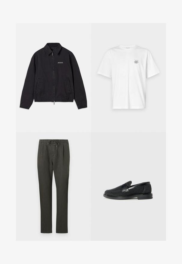 Sorte jakke laget av mykt stoff, med glidelås foran, krage, sidelommer og elastiske mansjetter, samt en minimal logo på brystet.; Hvit T-skjorte laget av bomull, med korte ermer, rund hals og en liten grå logo på venstre brystområde. Smooth tekstur.; Mørkegrå linbukser med snøring i livet. Rett ben-design, lett stoff, minimal detaljering og glatt tekstur.; Sorte vevde slip-on sko med en glatt lærdetalj på overdelen, design med rund tå og en lavprofil gummisåle.