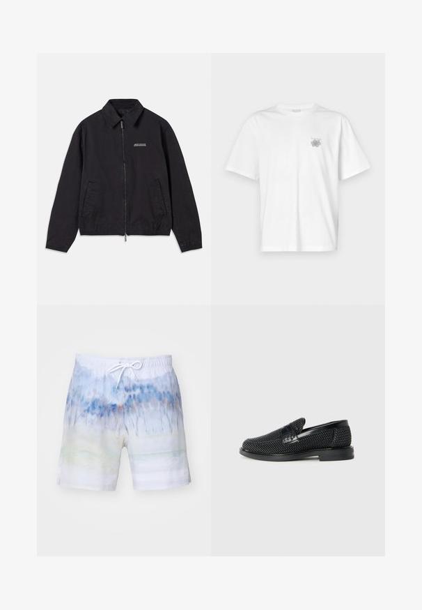 Giacca nera realizzata in tessuto morbido, con chiusura frontale a zip, colletto, tasche laterali e polsini elasticizzati, dotata di un logo minimal sul petto.; T-shirt bianca in cotone con maniche corte, colletto tondo e un piccolo logo grigio nella zona sinistra del petto. Texture liscia.; NN.07 JULES - Shorts - off-white; Scarpa nera a mocassino intrecciata con un accentuato in pelle liscia sulla parte superiore, design a punta rotonda e suola in gomma a profilo basso.