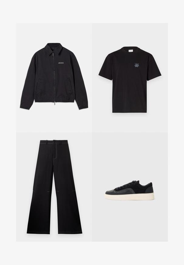 Crna jakna od mekog materijala, s prednjim zatvaračem na munje, ovratnikom, bočnim džepovima i elastičnim manžetama, te minimalističkim logotipom na prsima.; Crna pamučna majica s okruglim izrezom i kratkim rukavima. Ima mali plavi logo na lijevoj strani prsnog koša. Jednostavan, ravno krojen dizajn.; Crne široke hlače s bijelim šavovima, s gumbom i pojasom na struku. Izrađene od laganog materijala.; Crne tenisice s kombinacijom glatke kože i teksturiranog nubuka, ravne vezice, zaobljenim nosom i kremastom gumenom potplatom.