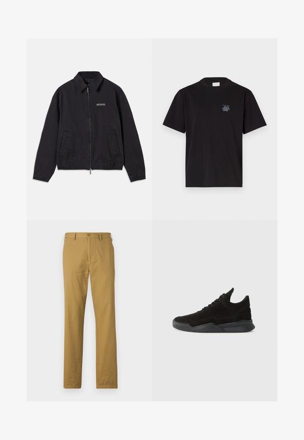 Čierna bunda vyrobená z jemnej tkaniny, so zapínaním na zips vpredu, golierom, bočnými vreckami a elastickými manžetami s minimalistickým logom na hrudi.; Čierne bavlnené tričko s okrúhlym výstrihom a krátkymi rukávmi. Obsahuje malú modrú nášivku na ľavej hrudi. Jednoduchý, rovný strih.; Béžové bavlnené nohavice so rovnými nohavicami, prednými vreckami a gombíkovým zapínaním. Hladká textúra a minimálny dizajn, bez viditeľných vzorov.; Čierne semišové tenisky s nízkym profilom, textúrovaným zvrškom, plochými šnúrkami a pevným gumovým podpätkom s jemným zdvihom a zakriveným dizajnom.