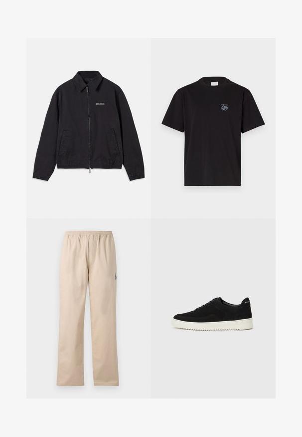 Must must siled, pehmest kangast, millel on lukuga eesmine sulgemine, krae, küljetaskud ja elastsed mansetid, millel on minimaalne logo rinnal.; Must mustaga T-särk, millel on ümar kaelus ja lühikesed varrukad. Vasakul rinnal on väike sinine logo. Lihtne, sirge lõikega disain.; Beežid, kerge, kootud püksid, millel on elastne vöökoht. Omavad sirgeid jalgu ja väikest tikitud logo detaili küljel.; Mustad suede jooksujalatsid, millel on paelad ja kontrastne valge kummitald. Omab tekstuuriga külgpaneele ja tagasihoidlikku brändimist kandadel.