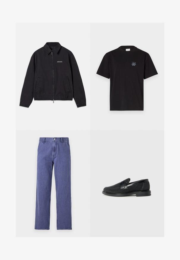 Černá bunda vyrobená z měkké tkaniny, s předním zipem, límcem, bočními kapsami a elastickými manžetami, s minimalistickým logem na hrudi.; Černé bavlněné tričko s kulatým výstřihem a krátkými rukávy. Na levé části hrudi se nachází malé modré logo. Jednoduchý, rovně střižený design.; Modré džínové kalhoty se rovným střihem nohavic, vysokým pasem, předním zipem a designem s pěti kapsami. Tkanina má mírnou strukturu. Bez vzorů.; Černé pletené nazouvací boty s hladkým koženým akcentem na svršku, kulatou špičkou a nízkoprofilovou gumovou podrážkou.