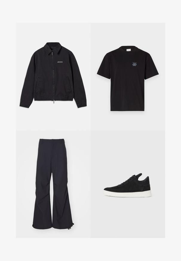 Must must siled, pehmest kangast, millel on lukuga eesmine sulgemine, krae, küljetaskud ja elastsed mansetid, millel on minimaalne logo rinnal.; Must mustaga T-särk, millel on ümar kaelus ja lühikesed varrukad. Vasakul rinnal on väike sinine logo. Lihtne, sirge lõikega disain.; Tumesinine laiad püksid, millel on sile kangas, kaks esist taskut ja nööriga kaunistused hemil. Puhtne, kohandatud disain ilma kaunistusteta.; Must mustel kingad valge kummist tallaga, millel on toon-toonis õmblused ja paeltega disain. Sile tekstuur ja moodne, voolujooneline kuju.