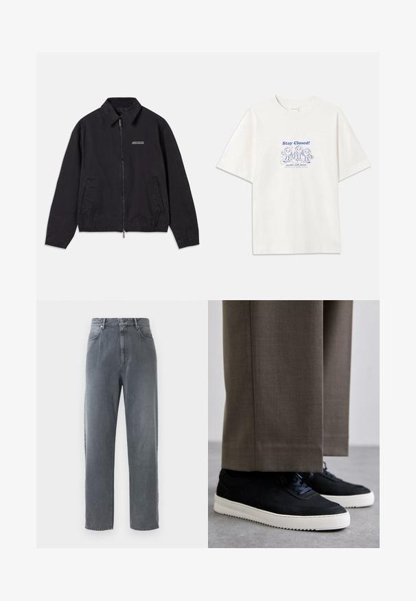 Μαύρο τζάκετ από μαλακό ύφασμα, με κλείσιμο μπροστά με φερμουάρ, γιακά, πλευρικές τσέπες και ελαστικούς καρπούς με ελάχιστο λογότυπο στο στήθος.; CLOSED PRINTED - Μπλουζάκι με στάμπα - ivory; Τζιν παντελόνι με ψηλή μέση, ίσια μπατζάκια σε ξεθωριασμένο γκρι ντένιμ, διαθέτοντας πέντε τσέπες, κλείσιμο με κουμπί και διακριτική φθορά στο ύφασμα.; Μαύρα σουέντ αθλητικά παπούτσια με λευκές καουτσούκ σόλες, με στρογγυλή μύτη και κορδόνια, φορεμένα με γκρι προσαρμοσμένα παντελόνια.