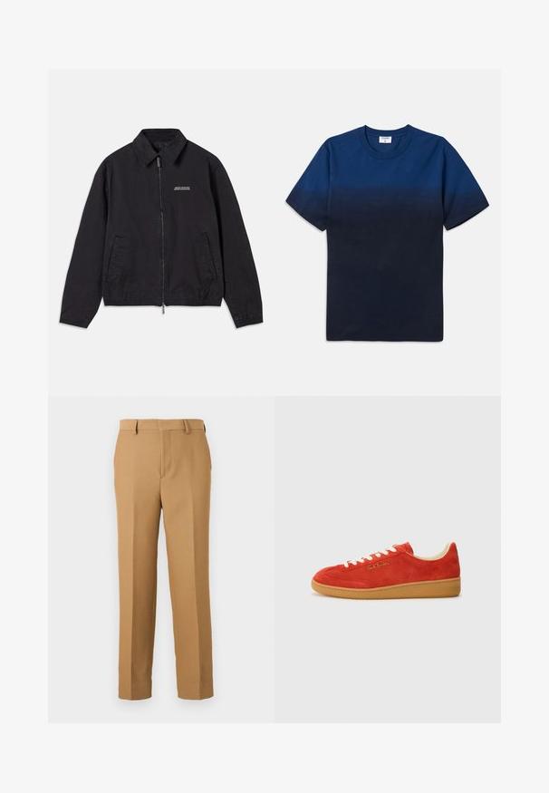 Veste noire en tissu doux, dotée d'une fermeture éclair à l'avant, d'un col, de poches latérales et de poignets élastiques, avec un logo minimaliste sur la poitrine.; T-shirt en coton bleu marine avec un col rond, des manches courtes et un motif dégradé subtil passant de teintes plus claires à plus foncées.; Pantalons dress beiges en tissu tissé, présentant une coupe droite, un devant plat et des passants de ceinture. Texture lisse sans motifs visibles.; Baskets en daim rouge avec des lacets blancs, semelle en caoutchouc beige et logo doré sur le côté. Bout arrondi et design bas.