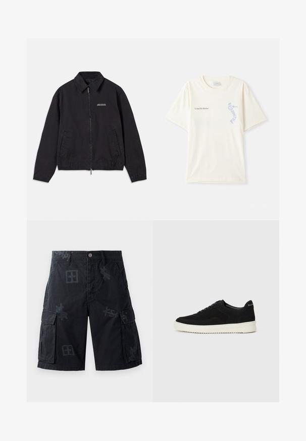Sorte jakke laget av mykt stoff, med glidelås foran, krage, sidelommer og elastiske mansjetter, samt en minimal logo på brystet.; Hvit bomull t-skjorte med korte ermer, med teksten "United By Rhythm" i svart og blå grafikk på brystet. Rund halsdesign.; Sorte cargo-shorts med to sidelommer, knappelukking og tone-i-tone grafiske mønstre. Laget av teksturert stoff.; Svart semsket sneakers med snøring og kontrasterende hvit gummisåle. Har teksturerte sidepaneler og subtil merkevare på hælen.