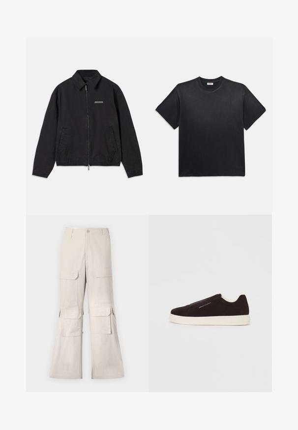 Sorte jakke laget av mykt stoff, med glidelås foran, krage, sidelommer og elastiske mansjetter, samt en minimal logo på brystet.; Svart bomull t-skjorte med rund hals og korte ermer. Har en avslappet passform, glatt tekstur og minimalistisk design.; Beige cargo bukser med en afslappet pasform, der har flere klaplommer på siderne og en knaplukning. Fremstillet af et let stof.; Sorte semsket slip-on sneakers med hvit gummisåle, med en glatt tekstur og subtil merking på siden. Klassisk design og struktur.