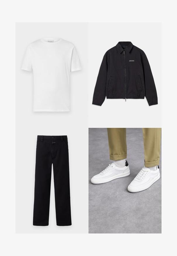 Black jacket made of soft fabric, featuring a zip front closure, collar, side pockets, and elastic cuffs with a minimal logo on the chest.; White short-sleeve t-shirt made of cotton. Features a round neckline and straight hem. No patterns or embellishments. Simple design.; Black cotton trousers with a straight-leg design, featuring a front button and zip closure, and side pockets. Simple and versatile style.; White sneakers with a textured leather finish, rounded toe, and black heel accent. Rubber sole with small tread pattern and stitched detail.