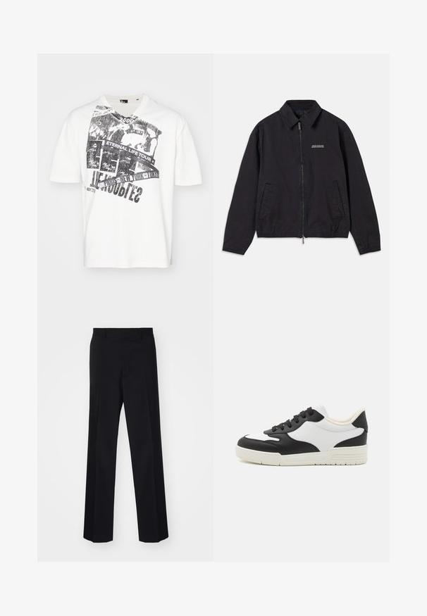 Black jacket made of soft fabric, featuring a zip front closure, collar, side pockets, and elastic cuffs with a minimal logo on the chest.; White cotton t-shirt featuring a graphic print in black, with text "ETERNAL LIFE TOUR" and "2008." Short sleeves and a v-neck design.; Black tailored trousers with a wide-leg design, featuring a smooth texture and sharp creases, made from a woven fabric.; Black and white sneaker with a smooth leather upper, rounded toe, and flat rubber sole. Features black laces and soft inner lining.