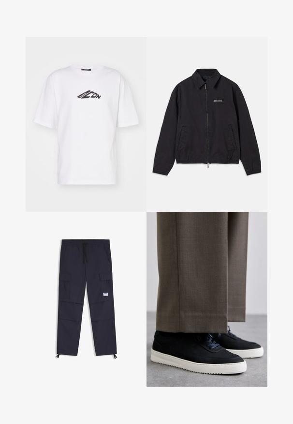 Black jacket made of soft fabric, featuring a zip front closure, collar, side pockets, and elastic cuffs with a minimal logo on the chest.; White cotton t-shirt featuring a black graphic logo on the chest. Short sleeves, crew neckline, and a relaxed fit.; Navy cargo pants made from a lightweight fabric, featuring an elastic waistband, drawstring, multiple pockets, and ankle zippers.; Black suede sneakers with white rubber soles, featuring a rounded toe and laces, worn with gray tailored pants.