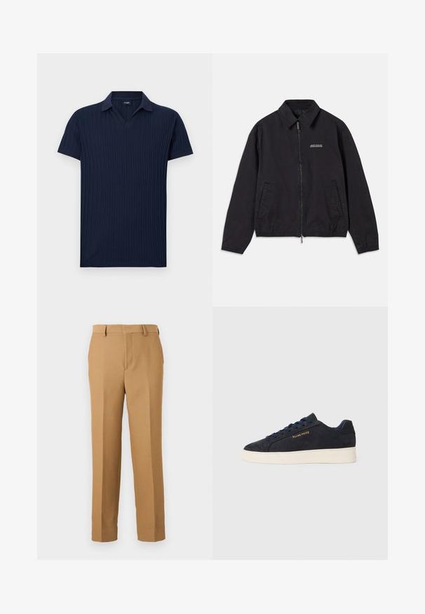 Melna jaka, kas izgatavota no mīksta auduma, ar rāvējslēdzēja priekšpusi, apkakli, sānu kabatām un elastīgām piedurknēm, ar minimālu logotipu uz krūškurvja.; Jūras spēku zila ribota polo krekls ar V veida kaklu, īsām piedurknēm un gludu tekstūru. Iezīmējas ar vienkrāsainu dizainu bez rakstiem vai metāla detaļām.; Bēšas krāsas bikses noaustā audumā, ar taisnu griezumu, plakanu priekšu un jostas cilpām. Gluda tekstūra bez redzamām rakstām.; Navy zila zamšas zema augstuma kedas ar baltu zoli, navy krāsas auklām un "Filling Pieces" logo zeltā sānos.