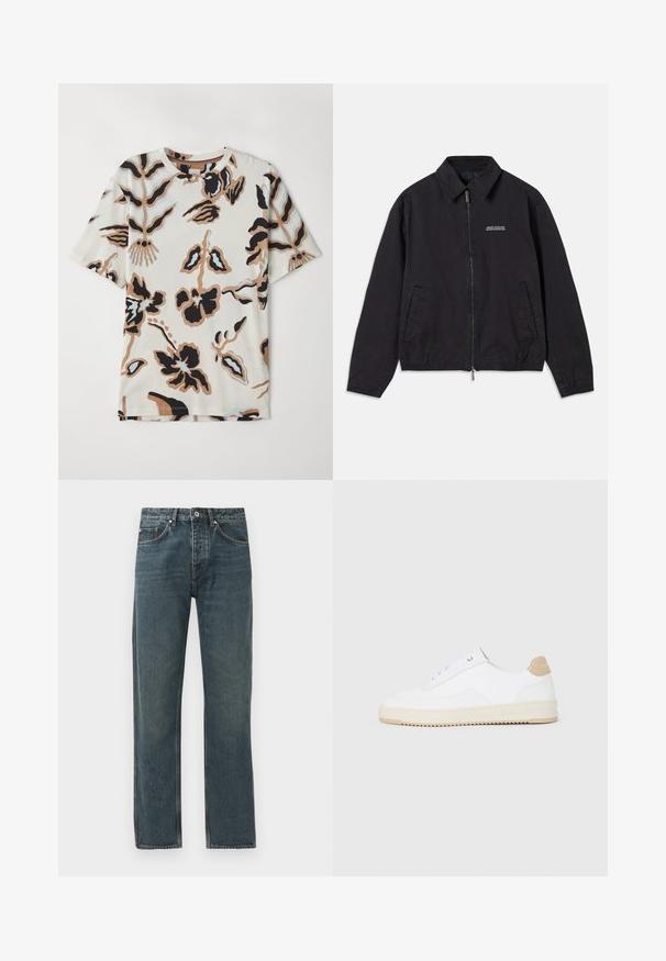 Schwarze Jacke aus weichem Stoff, mit einem Reißverschluss vorne, Kragen, Seitentaschen und elastischen Bündchen, mit einem minimalistischen Logo auf der Brust.; Kurzärmliges T-Shirt aus weichem Stoff, mit einem cremefarbenen Hintergrund und abstrakten Blumenmustern in Schwarz, Braun und Hellblau.; Dunkelblaue Denim-Jeans mit geradem Bein-Design, ausgestattet mit fünf Taschen, einem Knopfverschluss und kontrastierenden Steppdetails.; Weiße Low-Top-Sneaker mit einem strukturierten Lederobermaterial, cremefarbener, geriffelter Sohle und einem braunen Akzent an der Ferse. Mit weißen Schnürsenkeln und Logodetail an der Ferse.