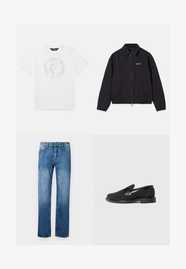 Sorte jakke laget av mykt stoff, med glidelås foran, krage, sidelommer og elastiske mansjetter, samt en minimal logo på brystet.; Hvit T-skjorte med korte ermer og rund hals, med et sølvfarget sirkulært slange- og bokstav "J"-logo med teksten "Just Cavalli" på forsiden.; Blå denimjeans med rett snitt, med fem lommer, beltehemper og subtil falming over stoffet.; Sorte vevde slip-on sko med en glatt lærdetalj på overdelen, design med rund tå og en lavprofil gummisåle.