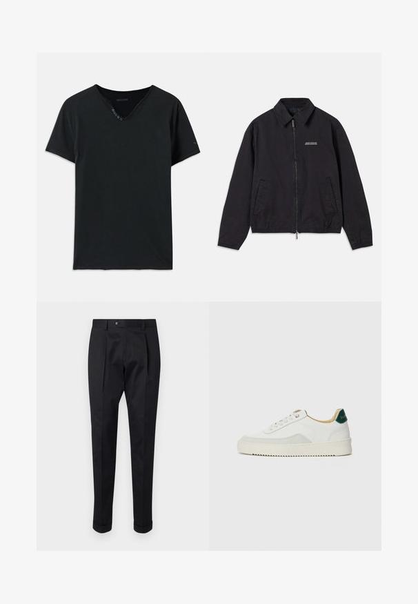 Chaqueta negra de tejido suave, con cierre frontal de cremallera, cuello, bolsillos laterales y puños elásticos, con un logotipo minimalista en el pecho.; Camiseta de algodón negra con cuello en V, mangas cortas y cinco botones en el escote. Textura suave con detalles de costura mínimos.; Pantalones negros de tejido suave, con un pliegue en la parte delantera, cierre de botón y puños enrollados en el tobillo.; Zapatilla blanca con acentos de ante, puntera redondeada, cordones planos y suela de goma color crema. Presenta un logo verde en el talón.