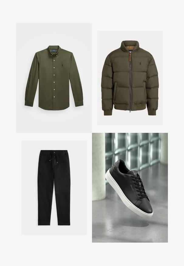 Oliivroheline puffjakke, millel on kõrge krae, tõmblukk, soonilised mansetid ja hem. Rinnal on logo. Tekstureeritud kangas horisontaalsete õmblustega.; Õlivääris roheline pika varrukaga nööbiga särk. Kraega disain, millel on peeneline tikandiga logo ja tavaline nööpide sulgemine ees.; Mustad, mugavusvormi püksid, elastse vöökoha, sisseehitatud nööriga ja esikottidega. Valmistatud siledast, kergest materjalist.; Mustad must nahast spordijalats valge kummist tallaga, ümmarguse varbaga ja paeladega. Omab siledat tekstuuri ja peent brändimist keelel.