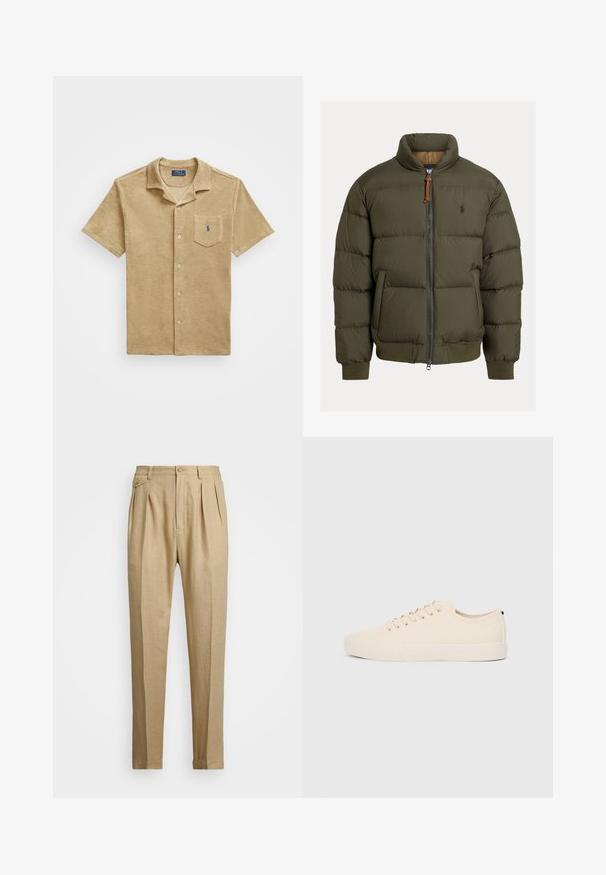 Casaco puffer verde-azeitona com gola alta, fecho de zíper, punhos e barra canelados. Apresenta um logo no peito. Tecido texturizado com costura horizontal.; Camisa de botão de manga curta em tecido suave, cor bege. Apresenta um bolso no peito com logótipo bordado, colarinho clássico e botões dispostos de forma uniforme.; Calças de linho bege com corte reto, apresentando dois plissados frontais, fecho com botão e bolsos laterais. Tecido texturizado com um acabamento suave.; Sapatilhas de lona bege com biqueira redonda, sola de borracha plana e atacadores à frente. Apresentam um design minimalista e um detalhe preto contrastante no calcanhar.
