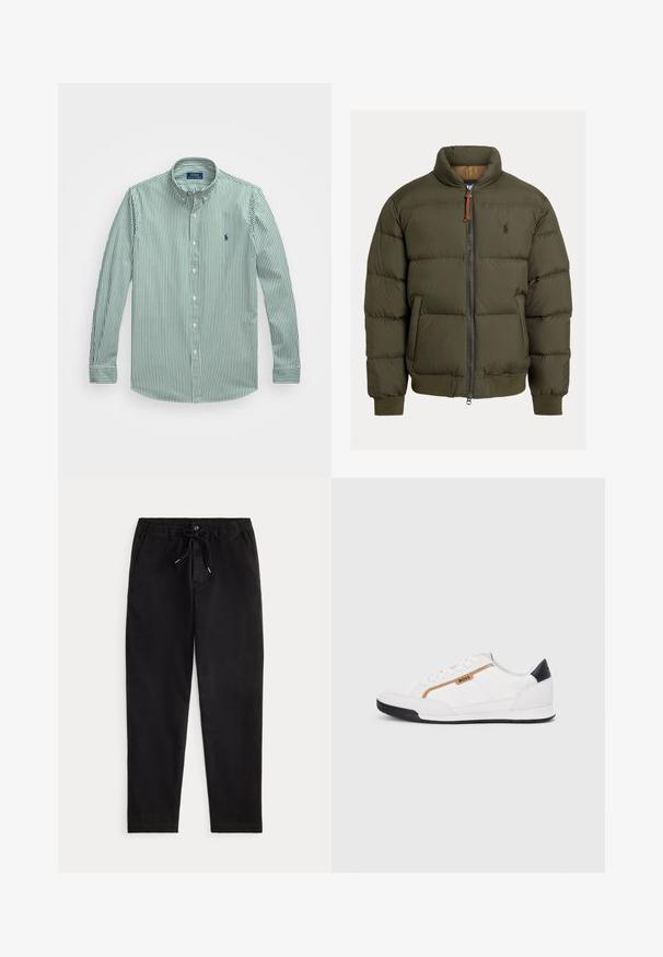 Casaco puffer verde-azeitona com gola alta, fecho de zíper, punhos e barra canelados. Apresenta um logo no peito. Tecido texturizado com costura horizontal.; Polo Ralph Lauren SLIM FIT STRIPED STRETCH POPLIN SHIRT - Camisa - pine/white; Calças casuais pretas com cintura elástica, cordão de ajuste, botão frontal e bolsos laterais, exibidas sobre um fundo simples.; Tênis atléticos brancos com detalhes em malha e couro. Apresenta um logotipo dourado "BOSS", painéis laterais texturizados e um capô de calcanhar preto. Sola em borracha.