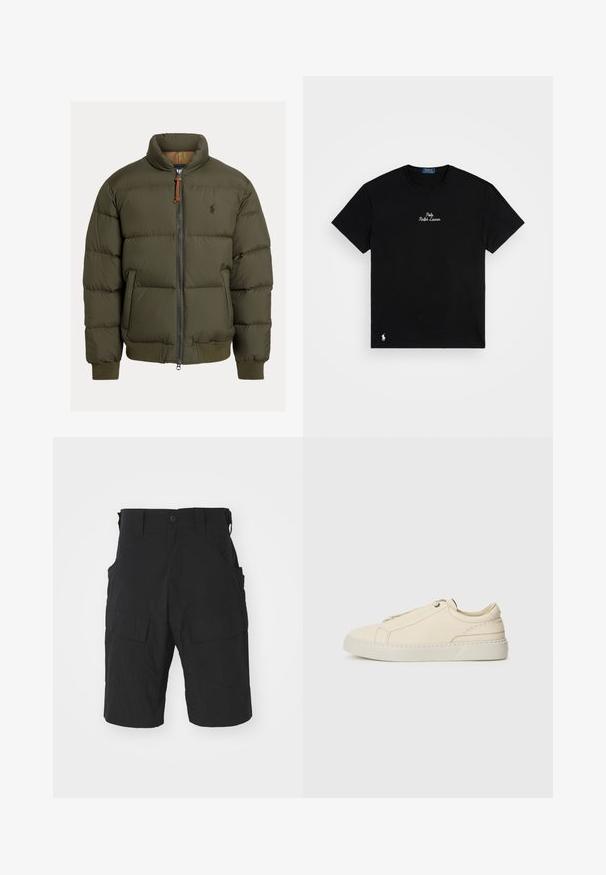 Alyvuogių žalios pūkinės striukės su aukštu apykakle, užtrauktuku, gumbuotais rankogaliais ir apatine dalimi. Ant krūtinės yra logotipas. Medžiaga su tekstūra ir horizontaliomis siūlėmis.; Juodas medvilnės marškinėliai su apvalia kaklo iškirpte, trumpomis rankovėmis, balta siuvinėta "Polo Ralph Lauren" logotipu ir mažu baltu logotipu apatiniame krašte.; Juodi cargo šortai, pagaminti iš lengvos medžiagos, su daug kišenių, sagos uždarymu ir laisvu, iki kelių siekiančiu kirpimu.; Kreminio odos sportbačiai su apvaliu nosiu, minimalistiniu dizainu, subtiliomis siuvimo detalėmis ir tekstūrine viršutine dalimi, ant šviesios pado.