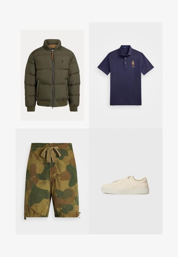 Olajzöld pufi dzseki magas gallérral, cipzáras záródással, bordázott mandzsettákkal és aljjal. A mellkason logó található. Texturált anyag, vízszintes varrásokkal.; Polo Ralph Lauren CUSTOM SLIM POLO BEAR MESH POLO SHIRT - Pólóing - faded blue bear; Zöld és barna árnyalatú, álcázó rövidnadrág, könnyű anyagból készült, húzózsinórral ellátott derékkal és ráncolt hemldekkel.; Beige bőr sneaker, lekerekített orral, minimalista dizájnal, finom varrási részletekkel és texturált felsőrésszel, világos talpon.