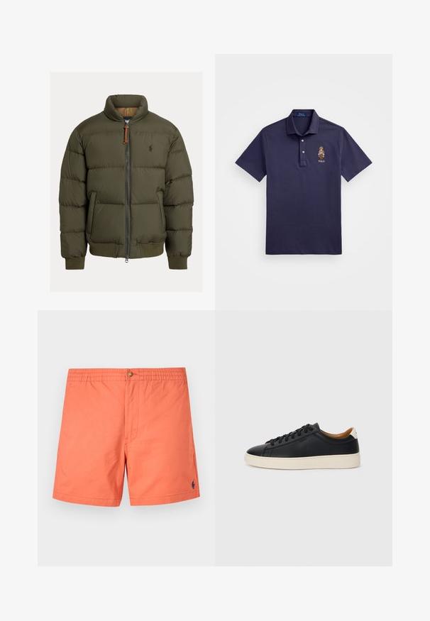 Olive green puffer jacket with a high collar, zip closure, ribbed cuffs, and hem. Features a logo on the chest. Textured fabric with horizontal stitching.; Polo Ralph Lauren CUSTOM SLIM POLO BEAR MESH POLO SHIRT - Polo shirt - faded blue bear; Coral orange swim shorts, made of lightweight fabric, featuring an elastic waistband with a button, side pockets, and a small navy logo.; Black leather sneakers with a smooth texture, beige rubber sole, lace-up design, and a contrasting heel accent.